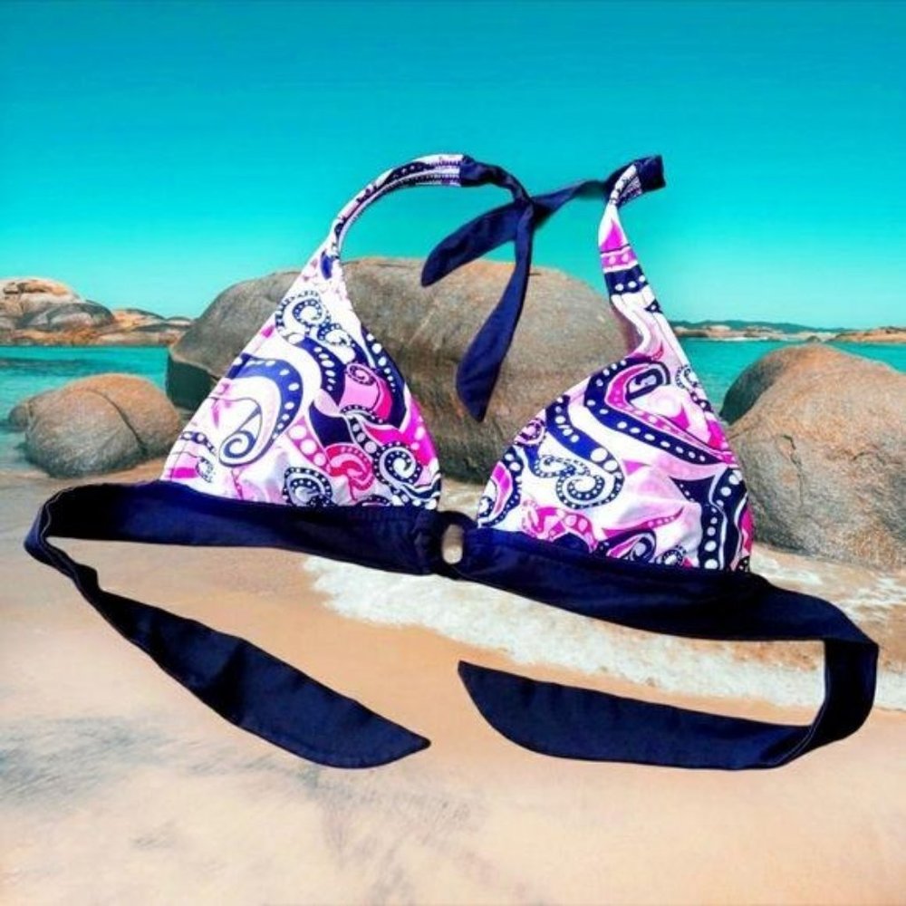 ARIZONA JEAN Co Pink and Black Graphic Triangle Halter Swim Top